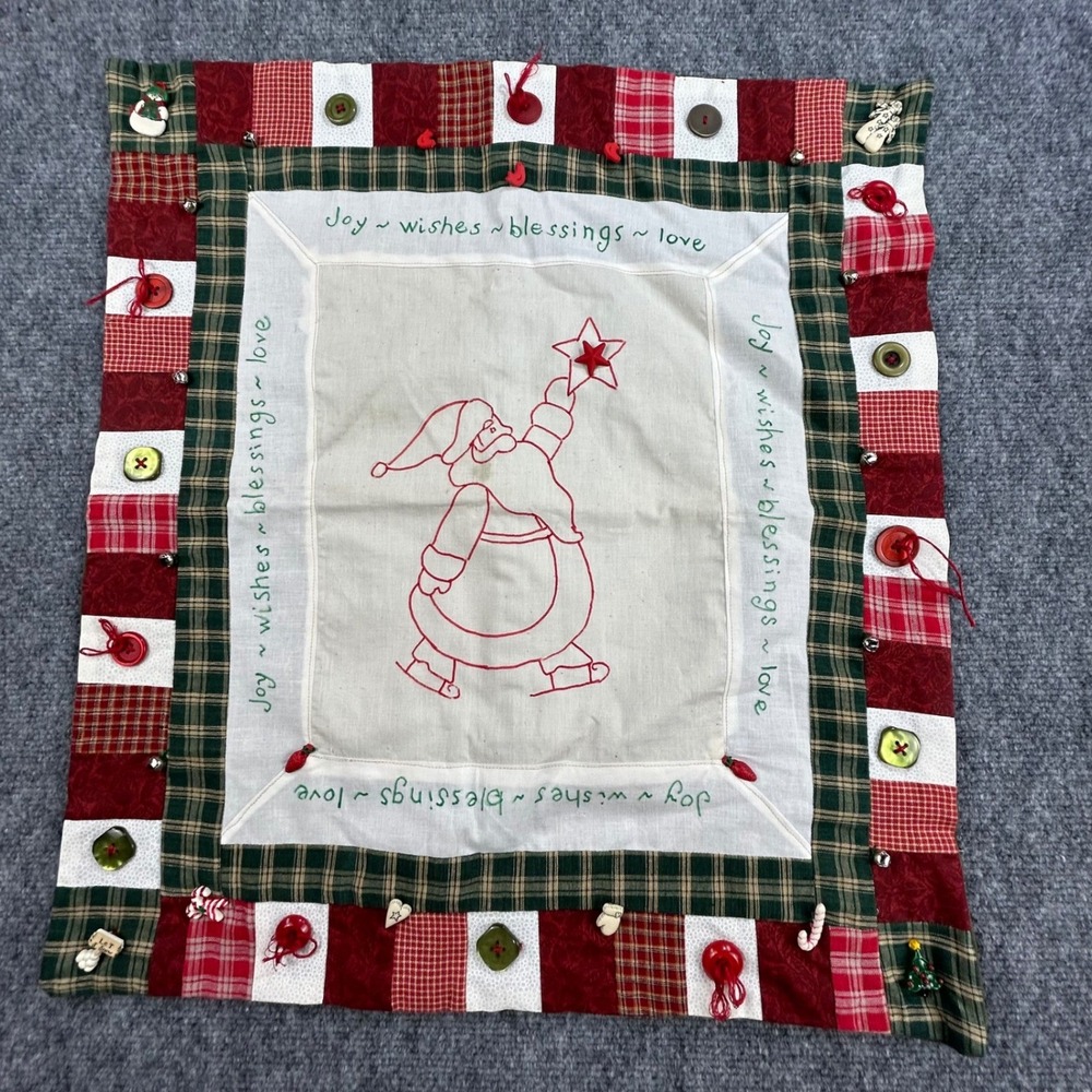 Handmade Christmas Santa Redwork Patchwork Wall Hanging Table Topper 21in